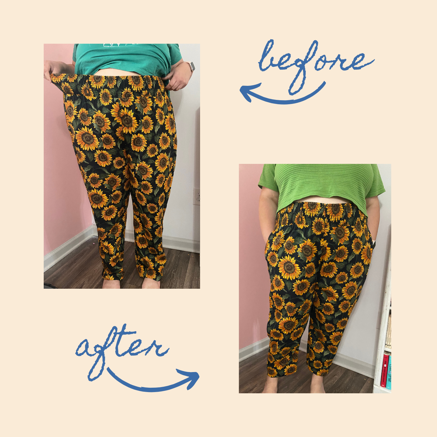 before and after photo of hemmed pants