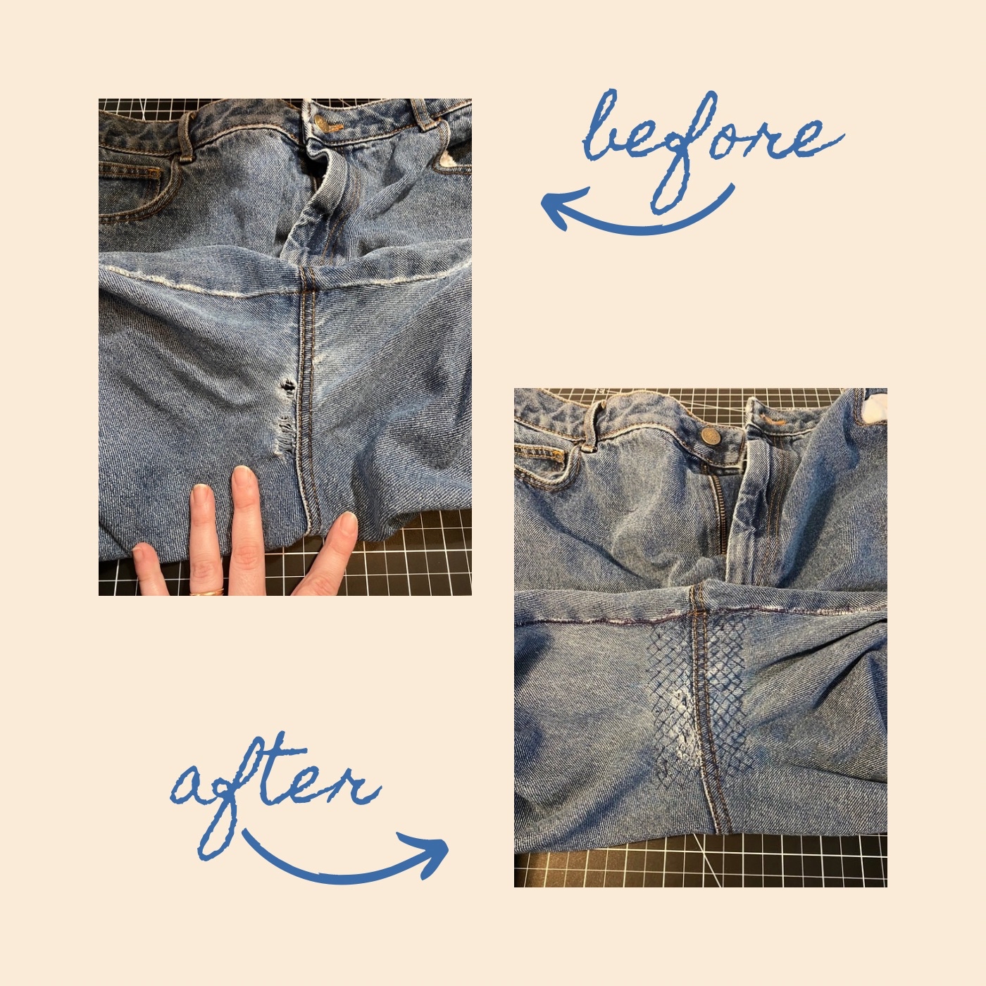 before and after photo of mended blue jeans. in the before image, the jeans have two holes in the crotch. in the after image, the holes have been patched and stitched over to reinforce the fabric.