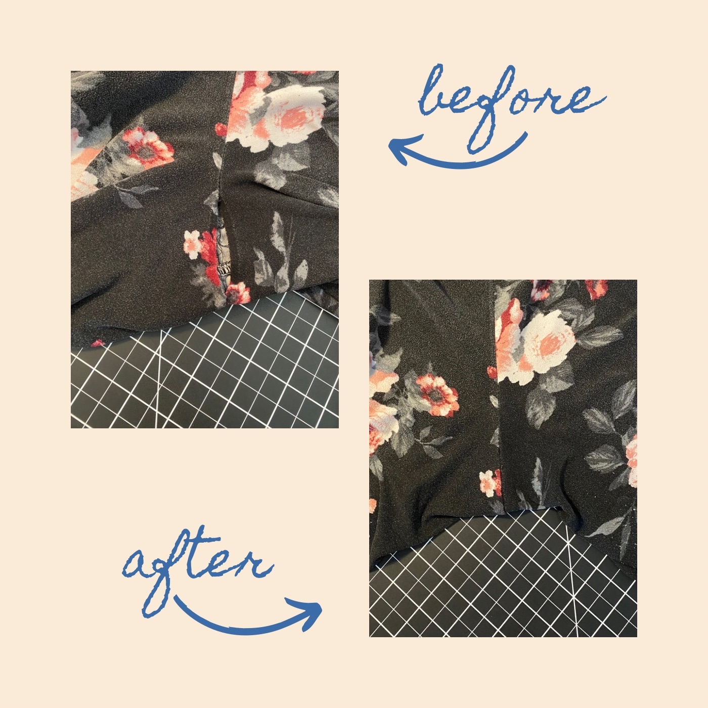 before and after photo of mended seam in leggings